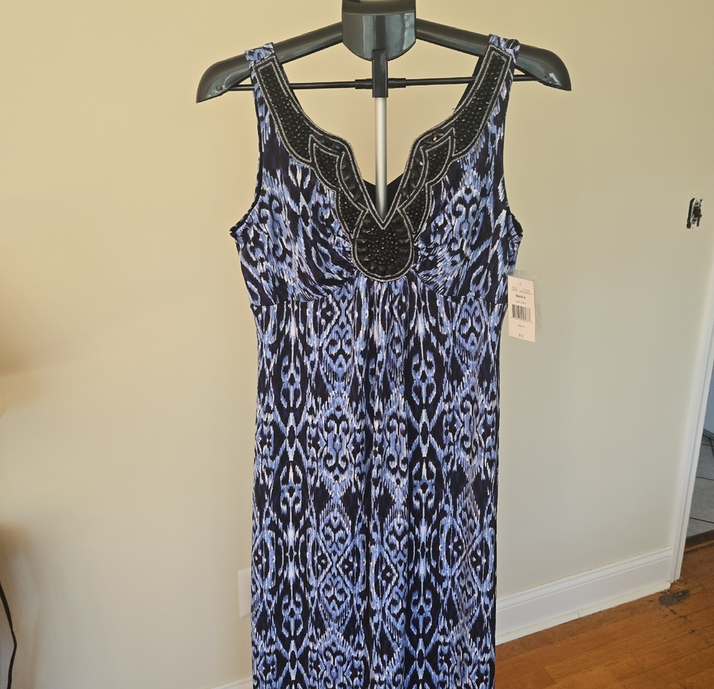 Sleeveless Blue Patterned Maxi Dress with Embellished Neckline
